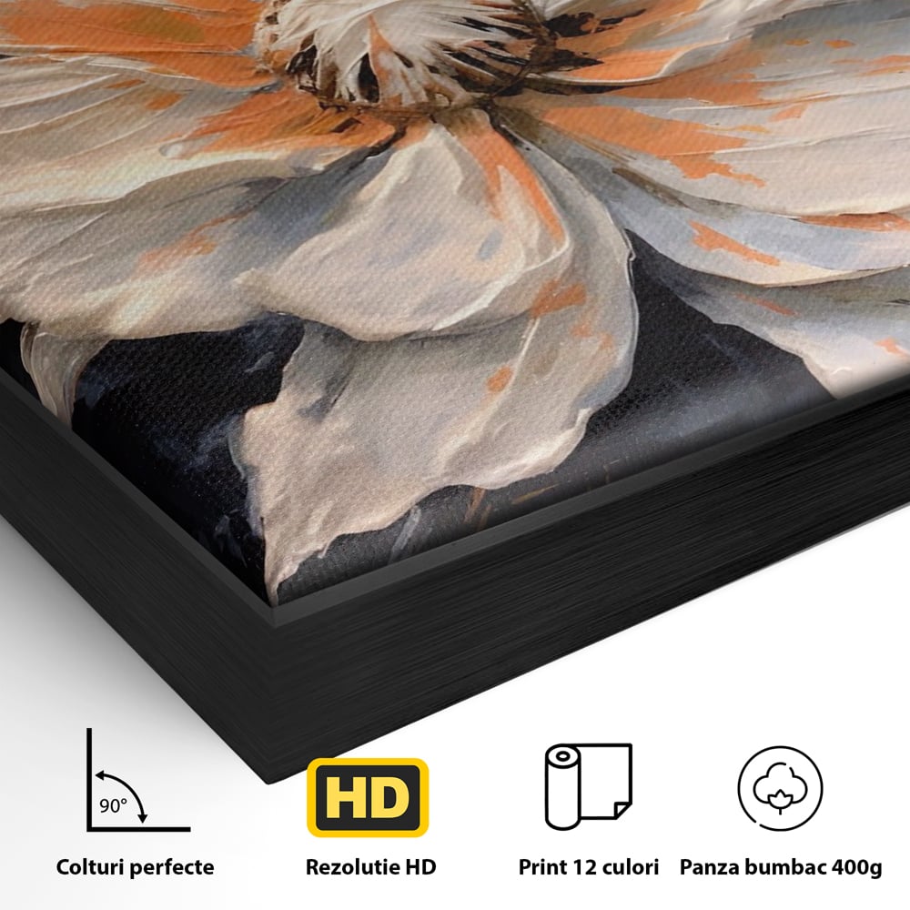 Detaliu al suprafetei: tablou canvas cu floare texturata, in rama de aluminiu negru